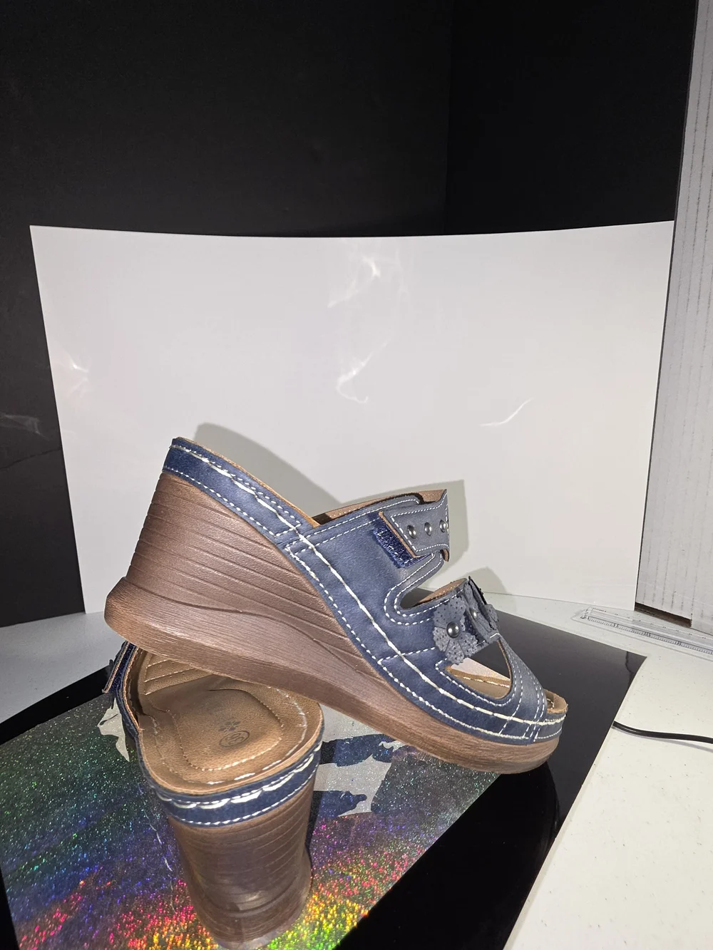 Patrizia Costmary Navy Floral Leather Wedge Sandal Stud Detail Sz 36 (5-6 US)